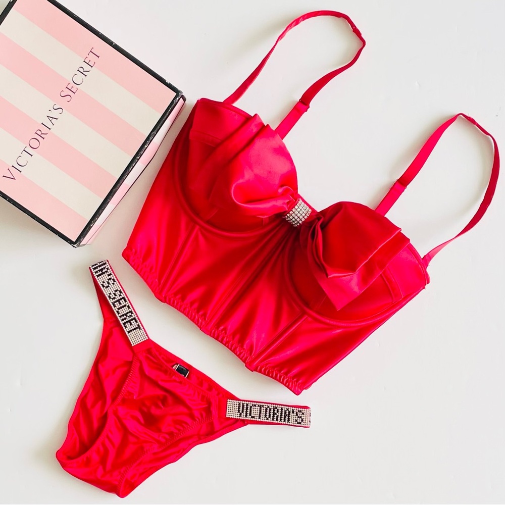 32DD XS Victoria’s Secret red bling satin bra set